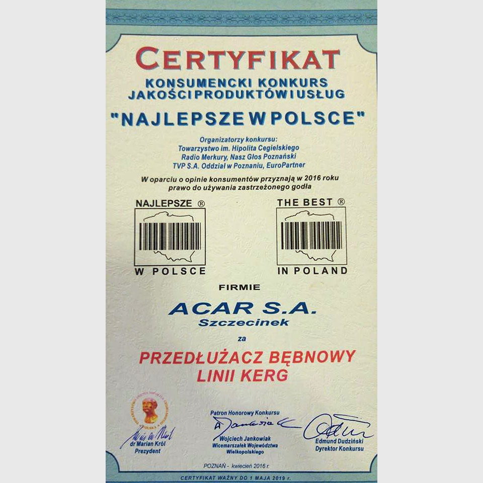 Acar S.A. z certyfikatem Najlepsze w Polsce dla przedłużacza bębnowego Kerg