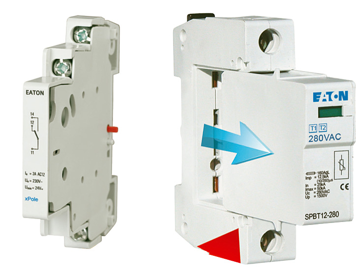 Fot. 2.
Konstrukcja ograniczników przepięć
Eaton pozwala na wygodną wymianę
wkładek po ich uszkodzeniu, które sygnalizowane jest czerwonym
kolorem wskaźnika umieszczonego
na czole aparatu. Do obudowy
aparatów można dobudować styk pomocniczy do zdalnego przekazania
informacji o uszkodzeniu wkładki.