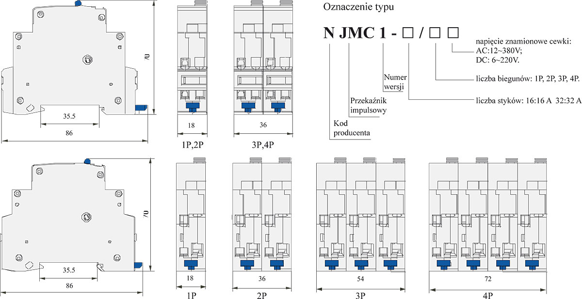 Rys. 3
Wymiary różnych wersji przekaźnika impulsowego NJMC1 (od góry: NJMC1-16, poniżej NJMC1-32).