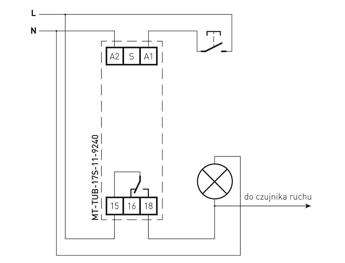 Rys. 1.
Schemat załączania oświetlenia zewnętrznego - przekaźnik MT-TUB-17S-11-9240.