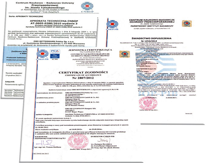Fot. 4. Aprobata Techniczna, Certyfikat
Zgodności oraz Świadectwo Dopuszczenia
CNBOP – dokumenty niezbędne
dla inspektora przy odbiorze
tras o klasyfikacji ogniowej E30/E90.