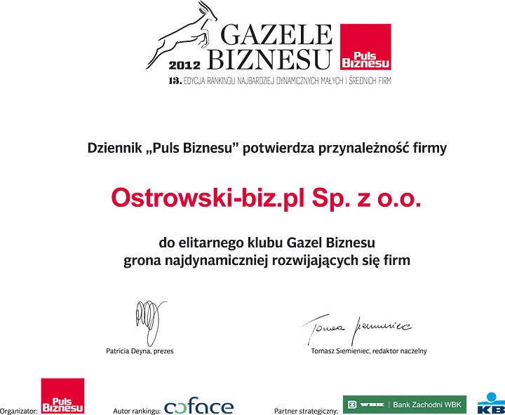 Ostrowski-biz.pl Sp. z o.o. uhonorowana tytułem Gazeli Biznesu 2012