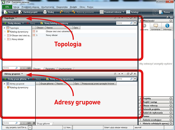 Rys. 3. Okna topologii oraz adresów grupowych w obszarze roboczym programu ETS4