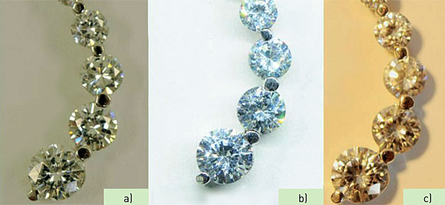 Fot. 3 . a) Oświetlenie światłem świetlówkowym, b) Oświetlenie światłem halogenowym 4200 K, c) Oświetlenie światłem halogenowym 2700 K.