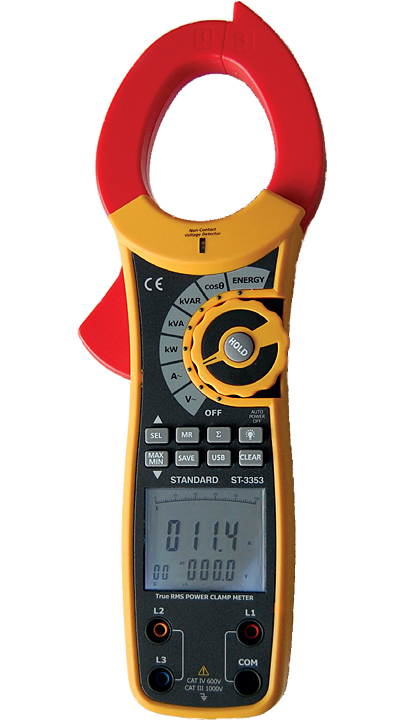 Fot. 2. Cęgowy miernik mocy ST-3353 firmy Standard Instruments mierzy w układach jednofazowych i trójfazowych oprócz napięcia i prądu przemiennego (do 1000 A), moc czynną (do 750 kW), bierną i pozorną oraz współczynnik mocy, pamięć 99 zestawów danych pomiarowych oraz interfejs USB.