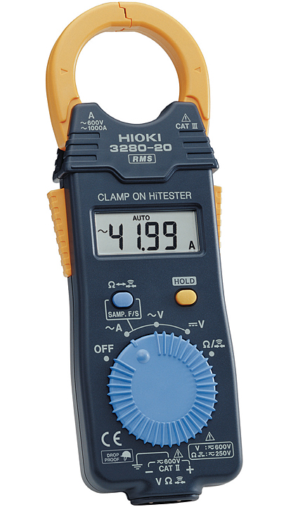 Fot. 5. Multimetr cęgowy 3280-20 firmy HIOKI, wąskie i lekkie cęgi z cewką powietrzną, zakres pomiaru prądu przemiennego do 1000 A, funkcja True RMS, gniazda pomiarowe napięcia przemiennego i rezystancji oraz testu ciągłości obwodu, przełącznik dwóch szybkości próbkowania.