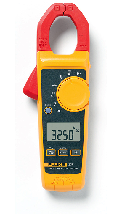Fot. 6. Miernik cęgowy prawdziwej wartości Fluke 325 oferuje duże możliwości w niewielkiej obudowie. Te małe i wytrzymałe mierniki cęgowe doskonale nadają się do pomiarów prądu do 400 A w ciasnych szafkach z kablami. Fluke 325 oferuje również pomiar prądu DC i częstotliwości.