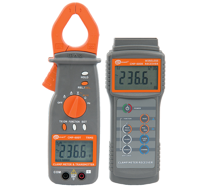 Fot. 7. Cyfrowy miernik cęgowy CMP-600 przeznaczony jest do cęgowych pomiarów prądu przemiennego i stałego. Ponadto miernik umożliwia pomiar napięć stałych i przemiennych, częstotliwości, rezystancji oraz testowanie diod. Miernik składa się z 6-kanałowego nadajnika i odbiornika, co umożliwia zdalny odczyt wyników pomiarów z sześciu (max) nadajników przy pomocy jednego odbiornika. Możliwe jest też wysyłanie danych z jednego nadajnika do wielu odbiorników jednocześnie.