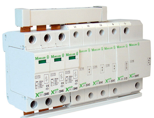 Rys. 3. Zestaw ograniczników przepięć typu 1+2 zbudowany na iskiernikach oraz warystorach SP-B+C/3+1 – dla przemysłu