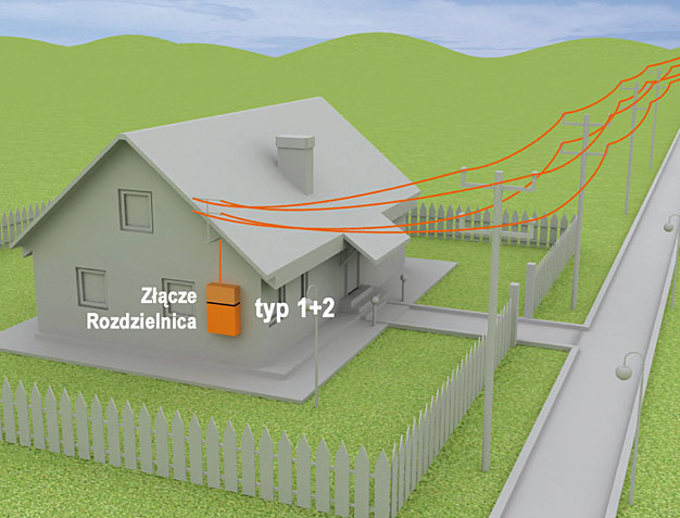 Rys. 4. Dom jednorodzinny na terenie nizinnym bez instalacji odgromowej zasilany linią napowietrzną. Zalecany montaż ogranicznika przepięć SPB-12/280/... typu1+2 w rozdzielnicy.