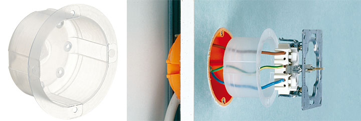 Fot. 5 Wkładka uszczelniająca do puszki znajduje zastosowanie, gdy cała instalacja jest już wykonana i konieczne jest jej doszczelnienie. Montaż puszki jest łatwuy i nie wymaga rozkuwania ścian. Wkładki mieszczą się wewnątrz znormalizowanych puszek osprzętowych.