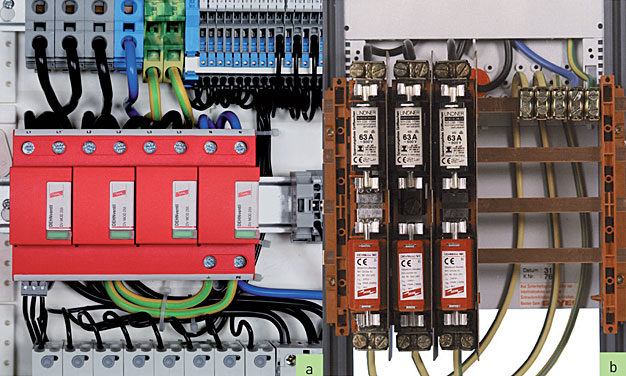 Rys. 6 Urządzenie do ograniczania przepięć typu 1 w rozdzielnicy głównej instalacji elektrycznej, a) montowane na szynie 35mm, b) zamontowane w gniazdach bezpiecznikowych