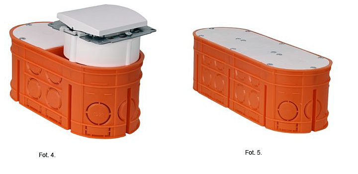 Fot. 4. Mocowanie osprzętu na puszce M2x60F z wykorzystaniem pokrywy PM1 i pierścienia PD60x24. Fot. 5. Po zamknięciu puszki pokrywami PM1 i PM2 pełni rolę puszki rozgałęźnej.