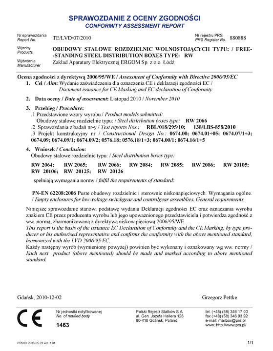 Fot. 3. Sprawozdanie z oceny zgodności. Dokument wystawiony przez PRS