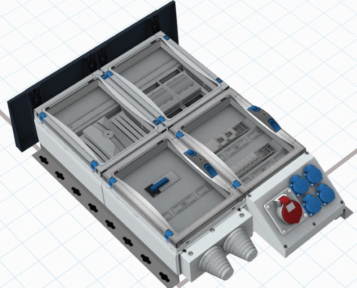 Fot. 2. Rozdzielnica ENYSTAR z daszkiem, szynami do montażu na ścianie oraz panelem z gniazdami