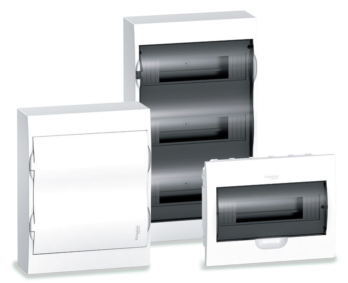 Rys. 6. Obudowy Easy9 dla budownictwa mieszkaniowego dostępne są w wersji podtynkowej oraz  natynkowej z drzwiami białymi lub transparentnymi. Pozwalają na zabudowę do 36 standardowych modułów.