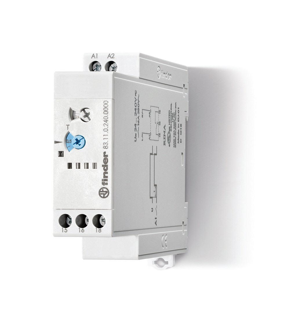 Seria 83 to modułowe przekaźniki czasowe 16 A do wyboru w
sześciu skalach czasowych od 0,1 s do 10 dni. Charakteryzuje
je uniwersalne napięcia zasilania. Dostępne w wykonaniu specjalnym:
2 zestyki z funkcją czasową lub 1 z funkcją czasową +
1 załączany natychmiastowo (po podaniu zasilania lub sygnału
sterującego