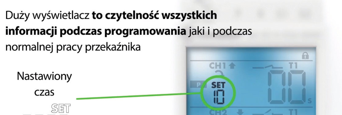 Duży wyświetlacz to czytelność wszystkich informacji podczas programowania jak i podczas normalnej pracy przekaźnika
