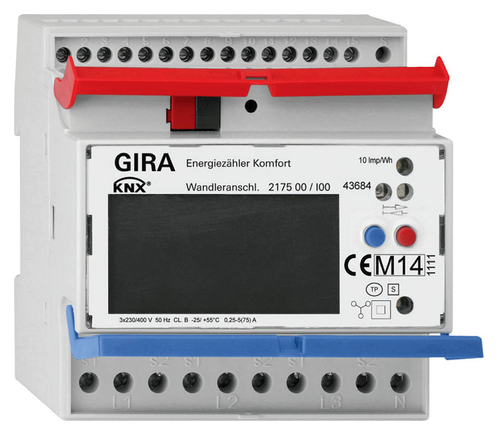 Fot. 2. Liczniki energii dokonują stałego
pomiaru (bezpośrednio lub za
pomocą przekładników prądowych)
i przekazują dane do HomeServera. Fot.: GIRA