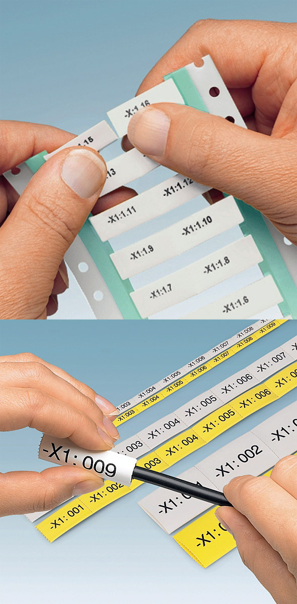 Fot. 9. Standardowo oznaczniki dostępne
są w kolorze żółtym z czarnym
nadrukiem, czyli liczbami 0-9, literami
A-Z oraz standardowymi
symbolami elektrycznymi. Fot.: Phoenix Contact