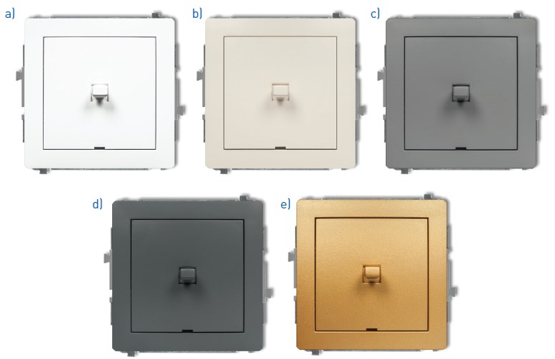 Mechanizm łącznika jednobiegunowego w stylu amerykańskim w kolorze:
a) biały mat (25DWPUS-1), b) ecru mat (26DWPUS-1), c) szary mat (27DWPUS-1),
d) grafi towy mat (28DWPUS-1), e) złoty (29DWPUS-1).