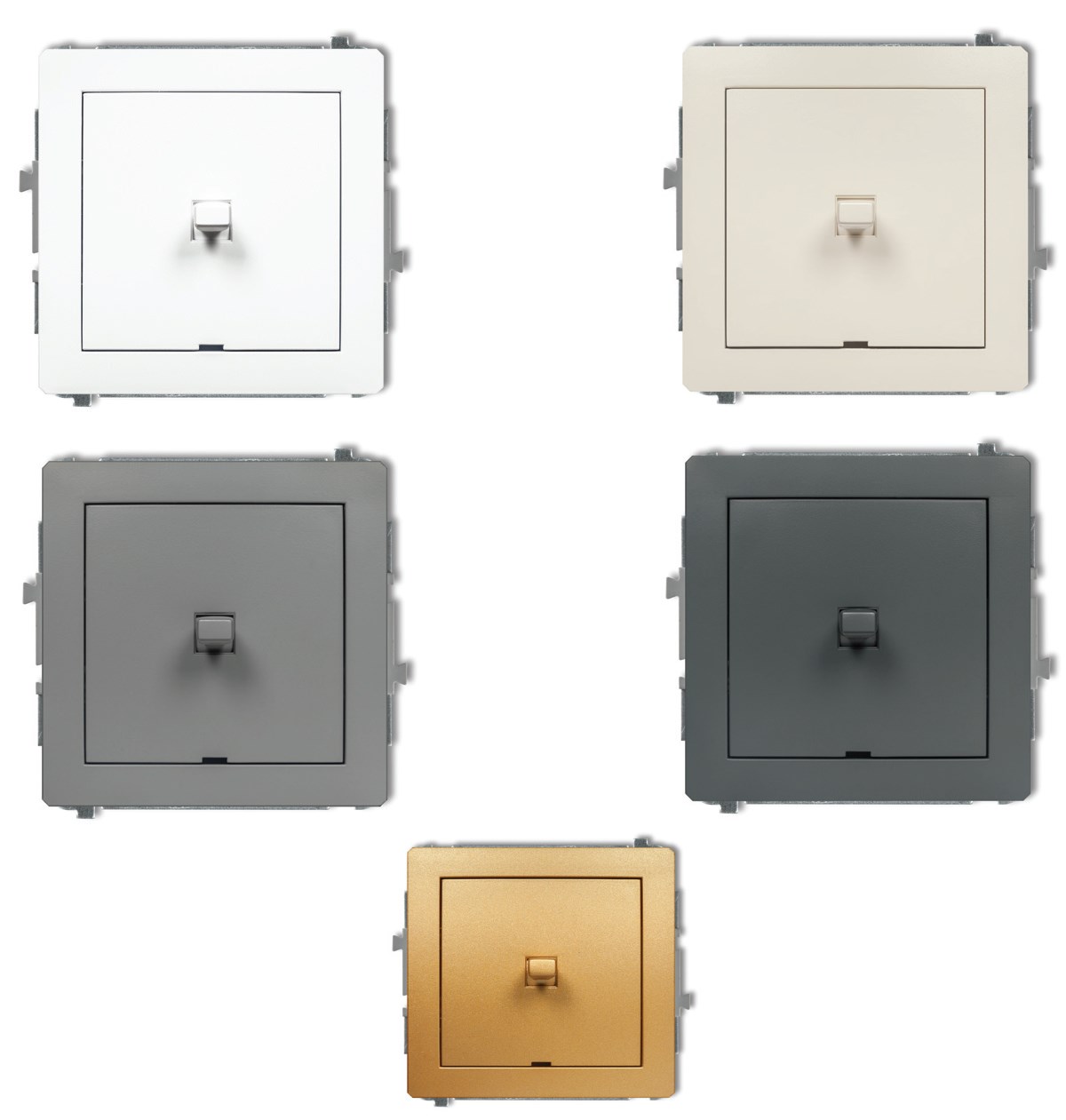 Fot. 2. Mechanizm łącznika jednobiegunowego w stylu amerykańskim w kolorze: a) biały mat (25DWPUS-1), b) ecru mat (26DWPUS-1), c) szary mat (27DWPUS-1), d) grafi towy mat (28DWPUS-1), e) złoty (29DWPUS-1).