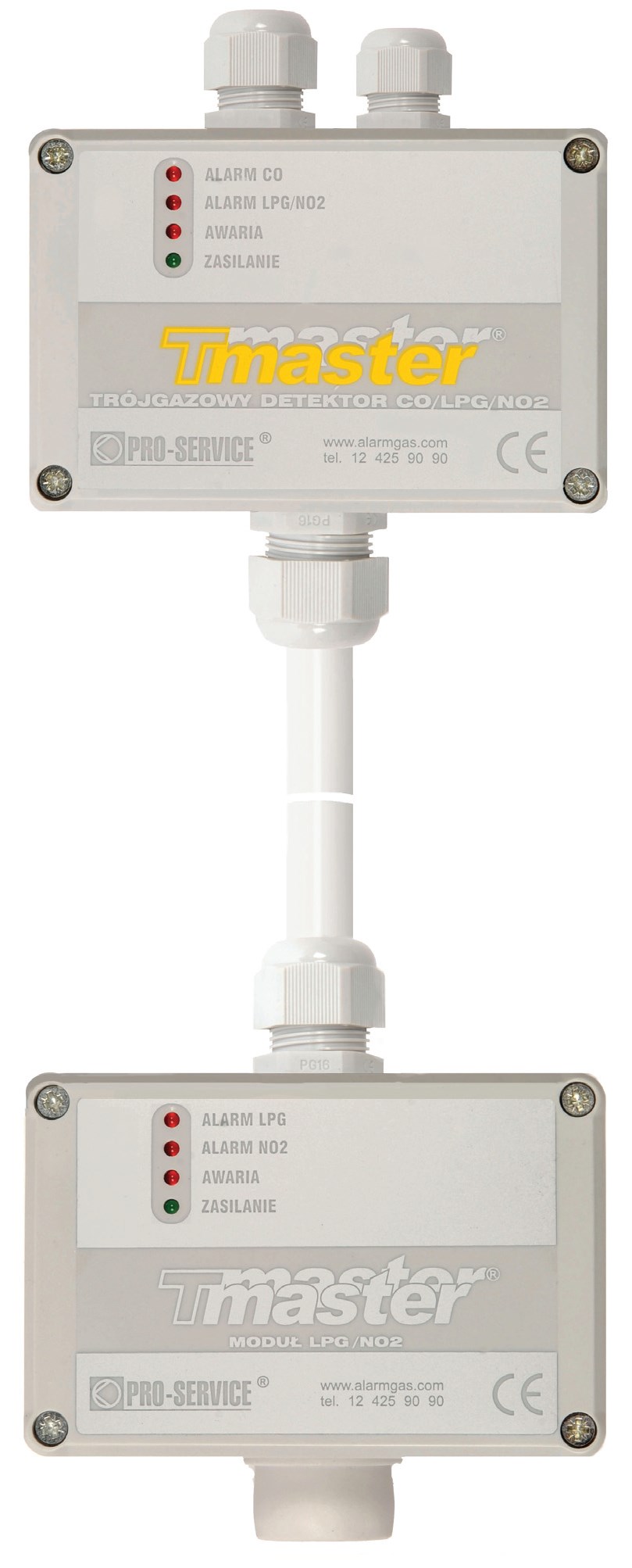 Fot. 3. Tmaster CO/LPG/NO2 G jest 3-gazowym detektorem tlenku
węgla CO (sensor selektywny), propanu-butanu (sensor
nieselektywny) LPG i dwutlenku azotu NO2 (sensor selektywny).
Stosowany jest w garażach i parkingach podziemnych.
Posiada 2-modułowa budowę, a zasilany jest prądem 12V DC