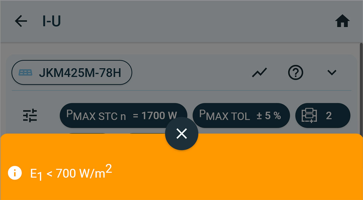 Rys. 4. Ostrzeżenie o zbyt małej irradiancji